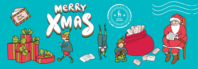 Merry Christmas banner. Set of Santa's workshop design elements, elves, bag with letters, Santa reads letters, bunch of gifts, stamp. Santa's post concept