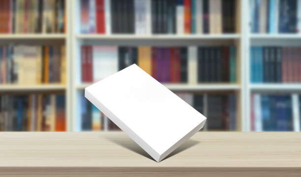 book standing horizontally in front of library background, mock up