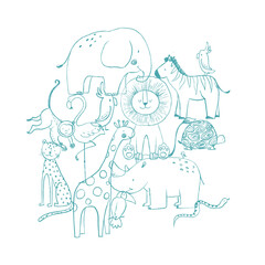 Beautiful composition for babies with cute hand drawn safari elephant lion giraffe toucan zebra monkey flamingo rhino parrot snake jaguar animals. Stock clip art illustration.