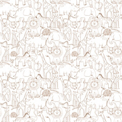 Beautiful seamless baby pattern with cute hand drawn safari elephant lion giraffe toucan zebra monkey flamingo rhino parrot snake jaguar animals. Stock illustration. - obrazy, fototapety, plakaty