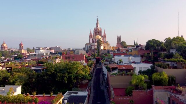 top view drone to san Miguel de allende streets and town, in sunset and night, top and side view with copy  space