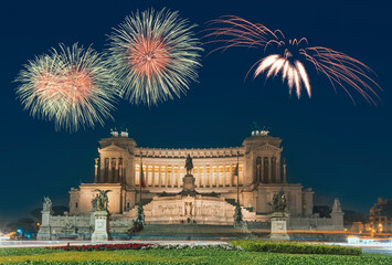 Rome Capital of italy vittorio emanuel with fireworks and evening lights