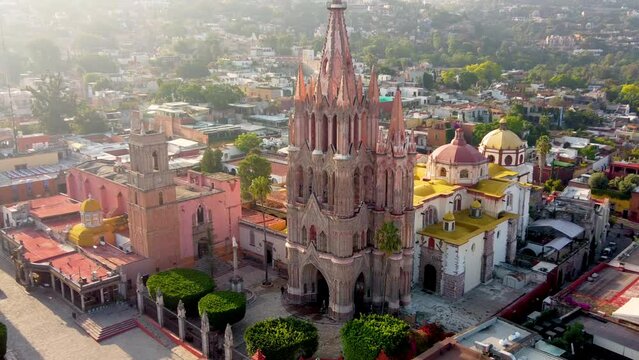 top view drone to san Miguel de allende streets and town, in sunset and night, top and side view with copy  space