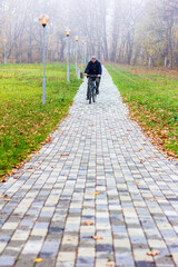 autumn landscape in the fog with a gray pavement path along which a man rides a bicycle and lawns with green grass in a park on an autumn morning