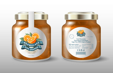 Orange marmalade. Juicy orange and silk ribbons. White round label for sweet preservation. Mock up of a glass jar with a label.