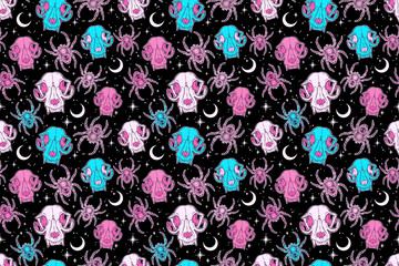 Fototapeta na wymiar mystical seamless pattern with animal skulls and spiders