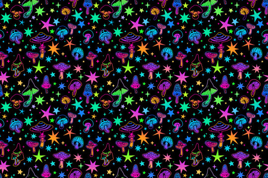 seamless illustration with bright stars and psychedelic mushrooms on a black background