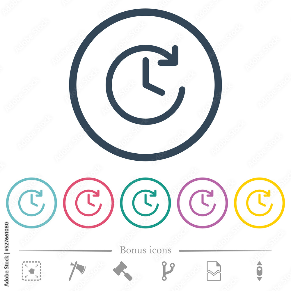 Poster circle shaped forward arrow and clock flat color icons in round outlines