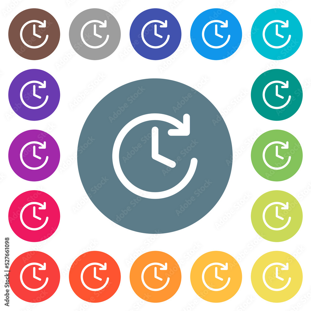 Poster circle shaped forward arrow and clock flat white icons on round color backgrounds