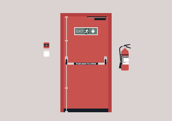 Emergency exit door, alarm button and fire extinguisher, industrial safety