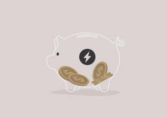 A piggy bank with an electric flash icon, covering utility expenses in home budget, european energy crisis