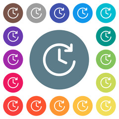 Circle shaped forward arrow and clock flat white icons on round color backgrounds