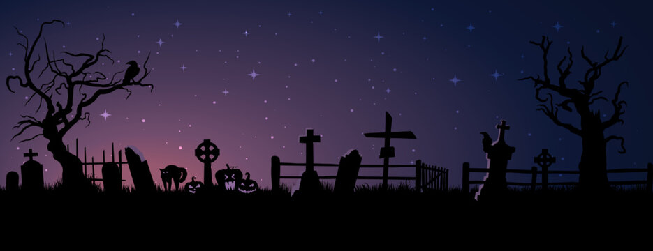  silhouette of cemetery on the background of the night starry sky, creepy pumpkins, toms and crow 