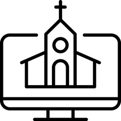 Online church service streaming broadcasting video, christian chapel in monitor media flat vector icon for apps and websites