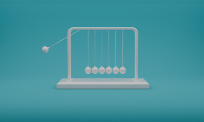 Abstract 3D Rendered Newton Cradle Mid Air Swing Over Teal Background