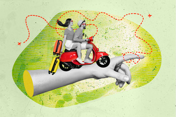 Creative trend collage of man woman couple riding vacation scooter motorcycle tourists suitcases...