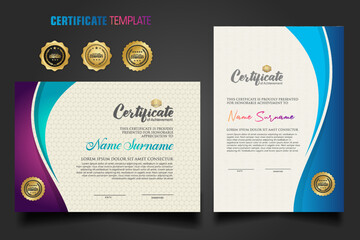 Modern certificate template with dynamic colorful waving shape on ornament pattern background