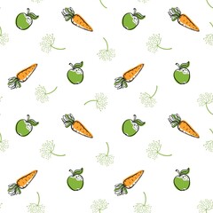 Seamless pattern of green apples and red carrots