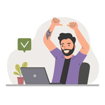 Young man with beard and tattoo before the laptop with show Yeah positive gesture, approval gesturing. Flat style cartoon vector illustration.