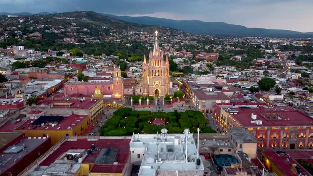 top view drone to san Miguel de allende streets and town, in sunset and night, top and side view with copy  space