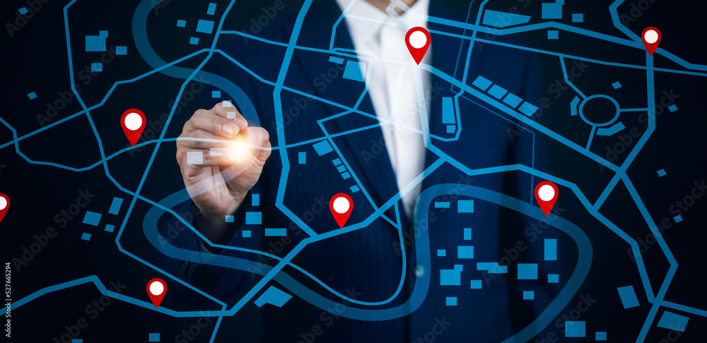 Poster businessman touch bar of virtual world and model map with location point , gps app, icon travel maps