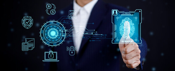 Business touch scan fingerprint of a media screen, internet of things. new technology big data and business process strategy, automate operation, customer service management, online market concept