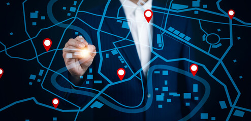 Businessman touch bar of virtual world and model map with location point , GPS app, icon Travel maps and find places in the online system, all screen graphics are generated,Searching for travel.