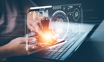 Woman Hand hold smartphone with Artificial Intelligence (AI),on big data network machine learning and data on the dark background, artificial intelligence technology, innovation and futuristic.
