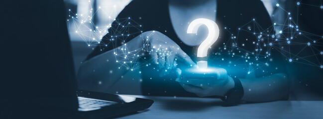 Ask question online concept, Businessman hand hold interface question marks sign web, Question...