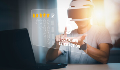 Man wearing VR glasses virtual Touch Customer review satisfaction feedback survey concept, User...