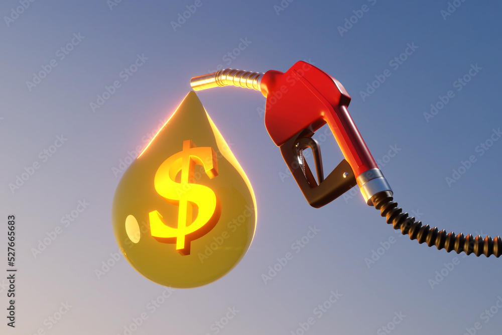 Wall mural Diesel fuel pump gun with a big drop of golden oil containing a shiny dollar sign. Illustration of the concept of increasing gas price