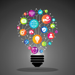 light bulb colorful icon education and school concept. e-learning and study with elements sign. vector illustration flat design. modern infographic logo and pictogram. isolated on black background.