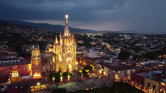 top view drone to san Miguel de allende streets and town, in sunset and night, top and side view with copy  space