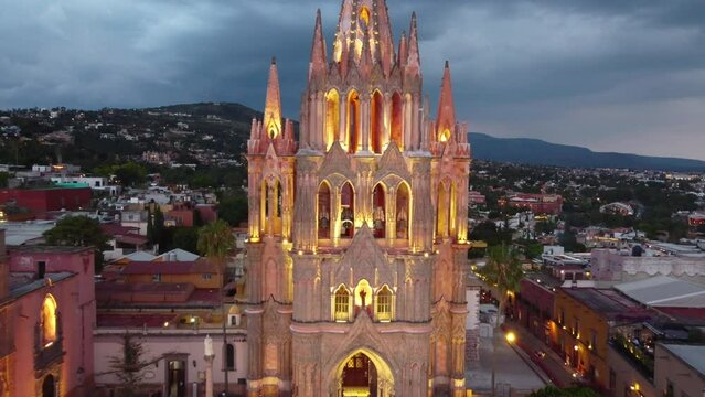 top view drone to san Miguel de allende streets and town, in sunset and night, top and side view with copy  space