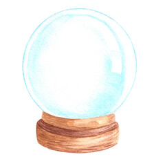 Hand drawn painted watercolor glass  snow globe on wooden stand pedestal.Isolated on white background mock up with copy space.