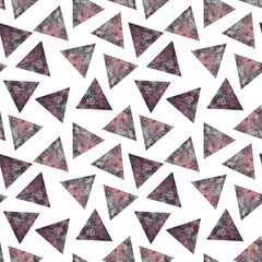 Hand drawn watercolor seamless  pattern made of lots of aquarelle textured triangles in multi colored red, brown and burgundy spots and dots