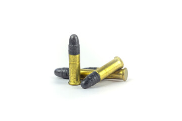 a bunch of cartridges from a small-caliber rifle on a white background, a small-caliber cartridge