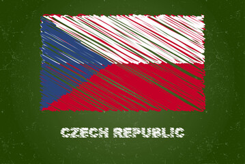 Czech Republic flag with chalk effect on green chalkboard, hand drawing country flag, flag for kids, classroom material