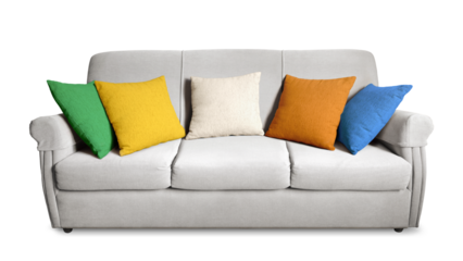 Isolated three seater light gray sofa with armrests and five colored cushions