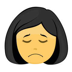 Vector illustration of the yellow emoticon face of a cartoon woman with a sad expression