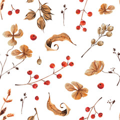 Seamless watercolor floral pattern of autumn leaves, berries twigs, colorful herbs, petals in rustic vintage style. For wrapping paper, textile, packaging, t-shirt, stationery, flyers print, journals