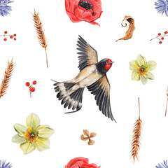 Seamless watercolor floral pattern of wildflowers, twigs, spikelets, petals, swallow in rustic vintage style. For wrapping paper, fabrics, packaging, t-shirt, stationery, journals, stand with Ukraine 
