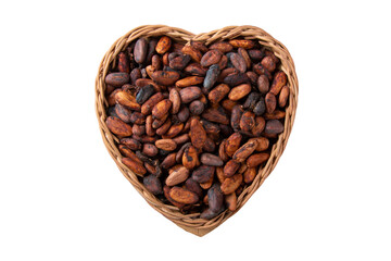 Raw cocoa beans in heart shaped basket with rustic background top view - 527667885