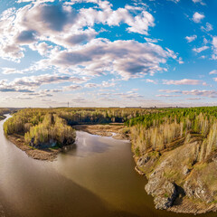 Confluence of the Iset and Kamenka rivers in the city Kamensk-Uralskiy. Iset and Kamenka rivers, Kamensk-Uralskiy, Sverdlovsk region, Ural mountains, Russia. Aerial view