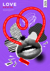 Collage vector poster with halftone mouth, grunge elements and love symbols. Trendy magazine style. Creative banner with doodle and halftone elements. Concept of love. Trendy modern advertising poster