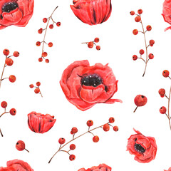 Seamless watercolor floral pattern of red poppy flowers,berries twigs, in rustic vintage style.For wrapping paper, fabrics, packaging, t-shirt, stationery, invites, journals, stand with Ukraine symbol