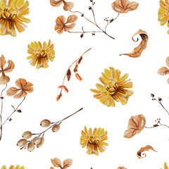 Seamless watercolor natural pattern of herbs, florals, yellow flowers, leaves in rustic autumn style.For wrapping paper, fabrics, packaging, t-shirt, stationery, journals, stand with Ukraine ornament 