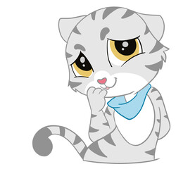 The lovely and attractive American Shorthair cat with small blue scarf acts as a happy and good emotion. Doodle and cartoon art.