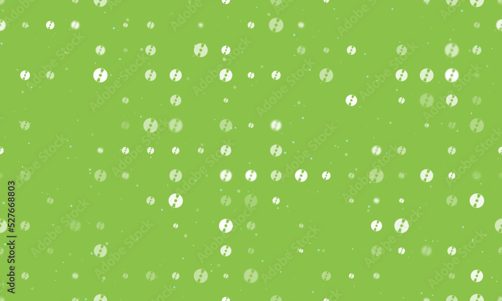Poster Seamless background pattern of evenly spaced white cd symbols of different sizes and opacity. Vector illustration on light green background with stars
