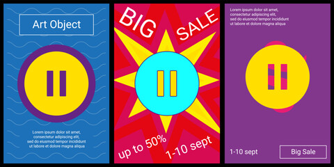 Trendy retro posters for organizing sales and other events. Large pause symbol in the center of each poster. Vector illustration on black background